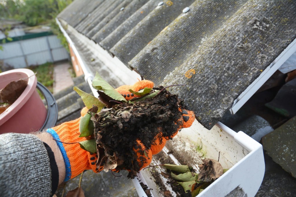 Hand in an orange work glove clearing wet leaves and debris from a residential gutter
